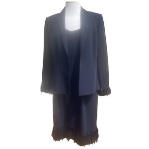 Albert Nipon Vintage Formal Navy Formal Suit with Fringe Beaded Hem RARE